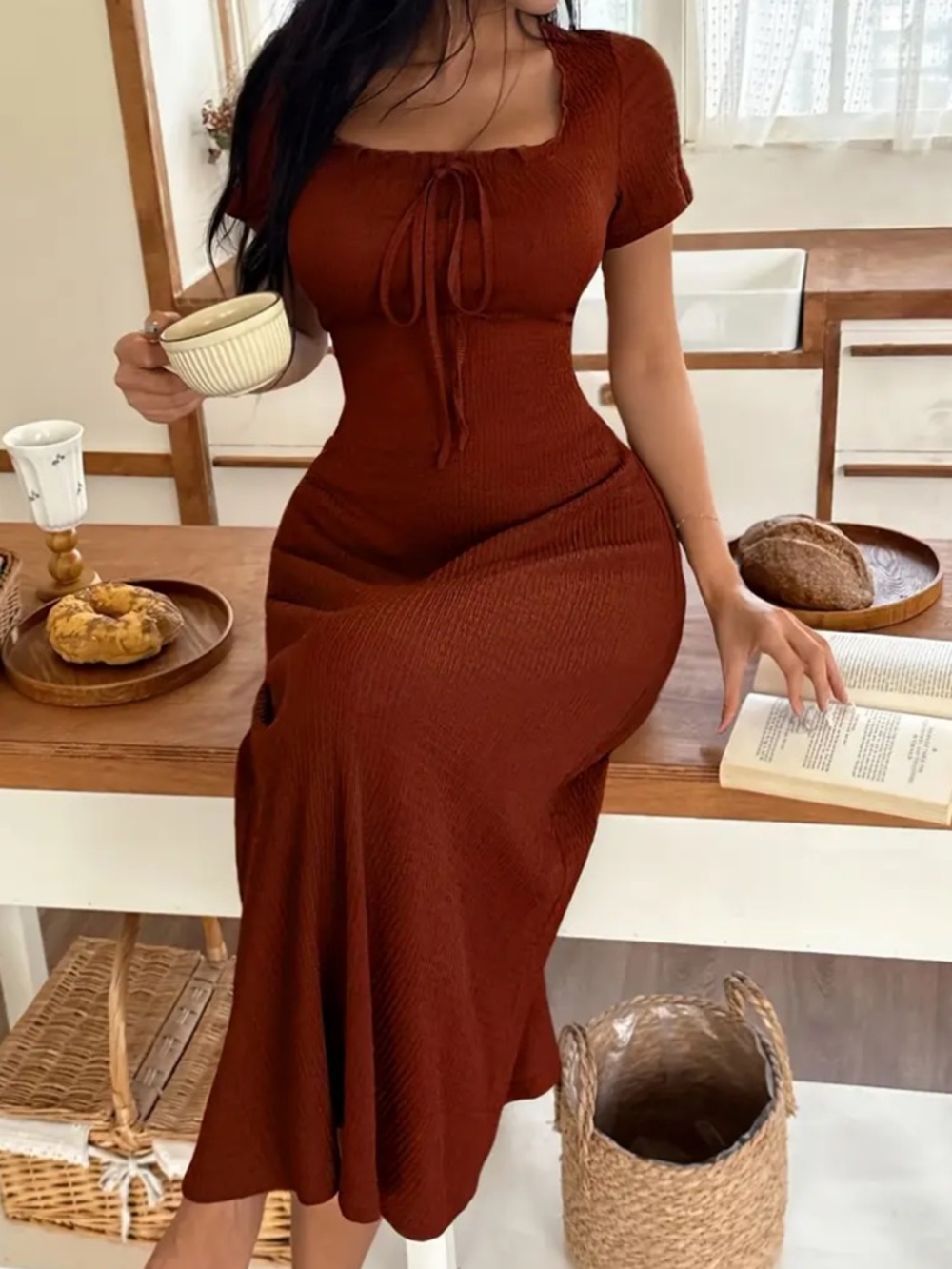 Women’s Ribbed Tie-Front Midi Dress in Deep Brown - Picture 3 of 5